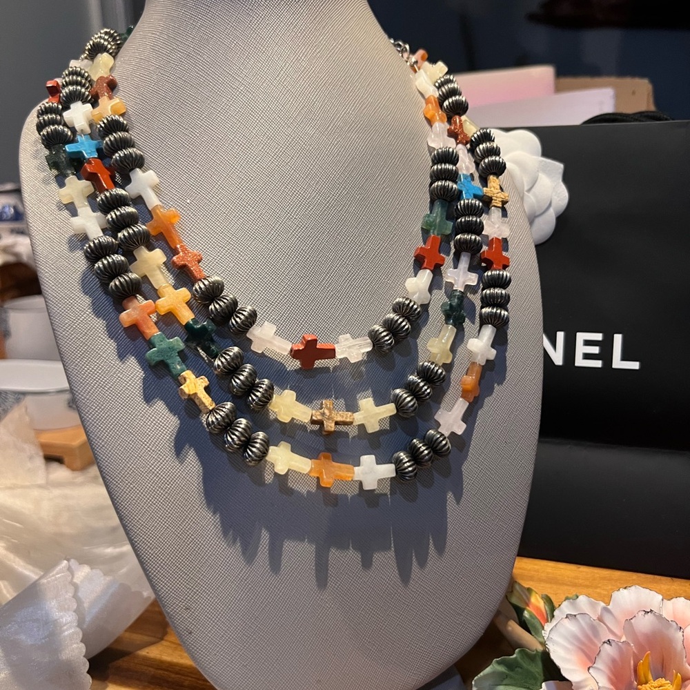 Native American Multi Gemstone Silvertone Beaded … - image 1